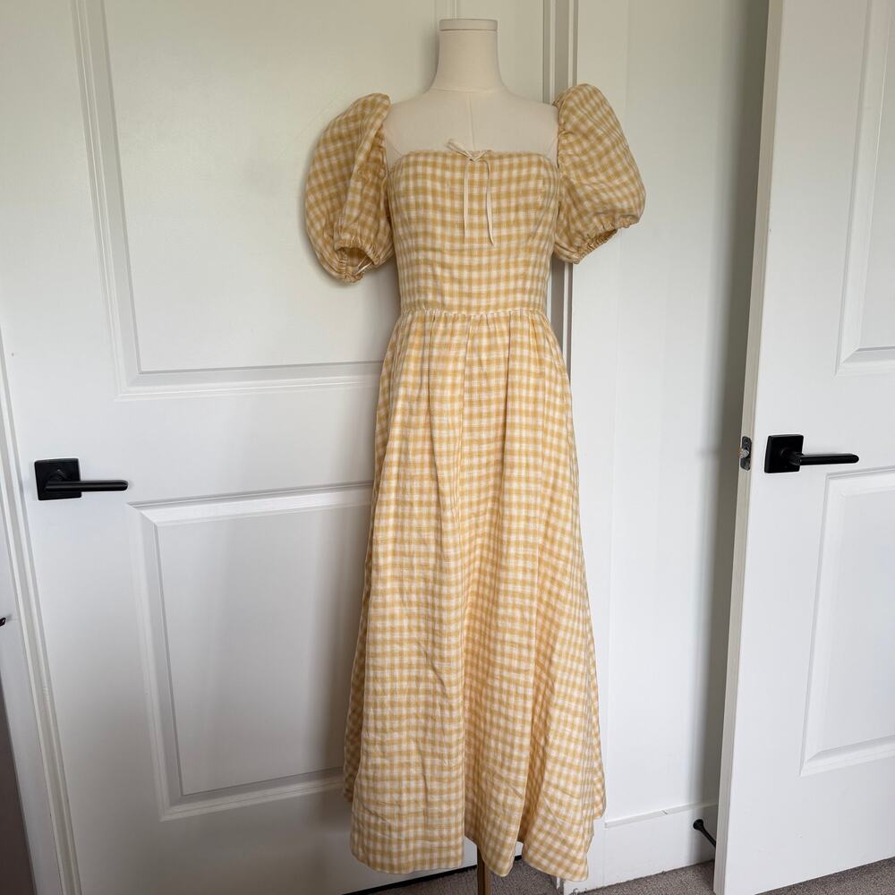Reformation (6) Marella Linen Gingham Puff Sleeve Maxi Dress Yellow Cottagecore - Picture 3 of 9